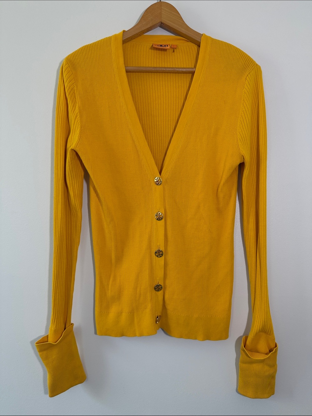 Tory Burch Yellow Ribbed V-Neck Button Cardigan